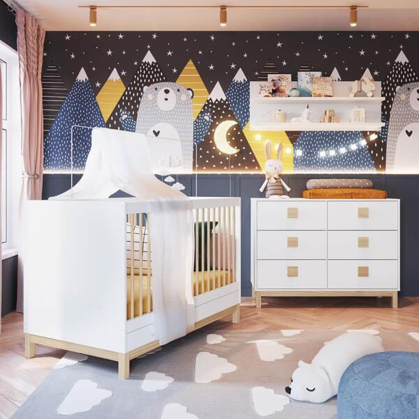 Quarto De Bebê Eleva Com Berço, Cômoda E Prateleiras 120 Cm -