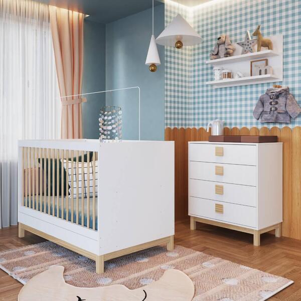 Quarto De Bebê Eleva Com Berço, Cômoda E Prateleiras 80 Cm -