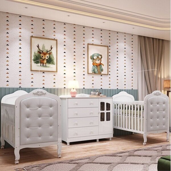 Quarto De Bebê Gêmeos 2 Berços Com Capitonê E Cômoda Janelada