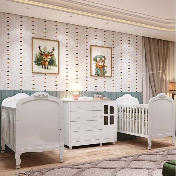 Quarto De Bebê Gêmeos 2 Berços E Cômoda Janelada 100% Mdf May