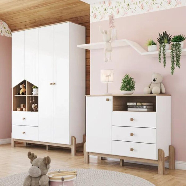 Quarto De Bebê Guarda Roupa 4 Portas E Cômoda Ternura Henn