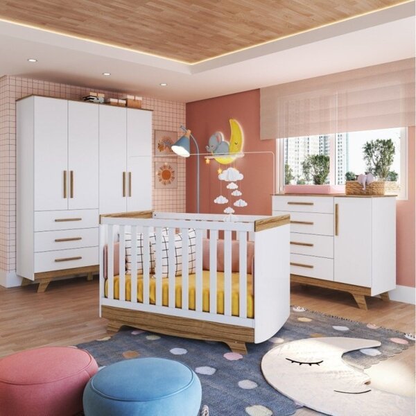 Quarto De Bebê Guarda Roupa Cômoda E Berço Americano Deby Ret