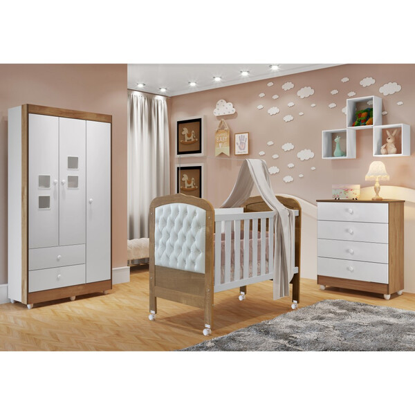 Quarto De Bebê Life Courino E Branco Com Ypê Com Berço Mini C