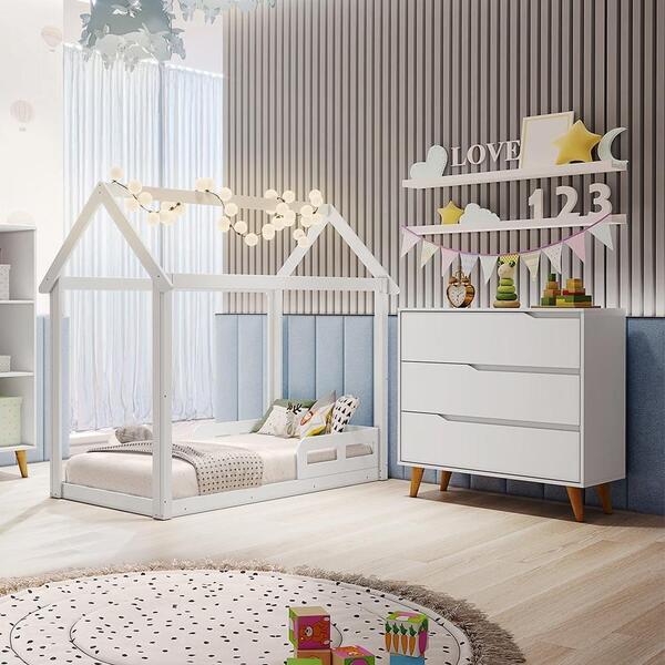 Quarto De Bebê Montessoriano Cama Casinha Comoda 3 Gavetas Re