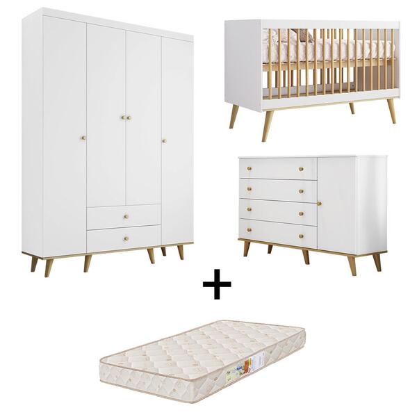 Quarto De Bebê Retrô Com Colchão Guarda Roupa 4 Portas Cômoda