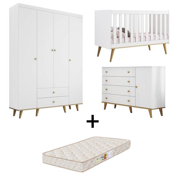 Quarto De Bebê Retrô Com Colchão Guarda Roupa 4p Cômoda Com P