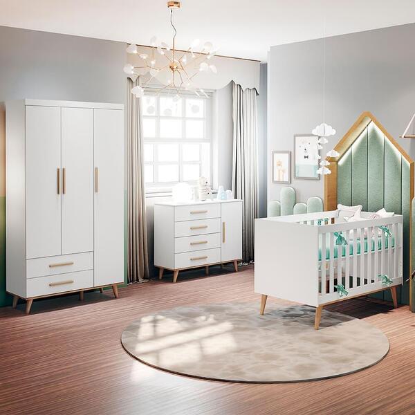Quarto De Bebê Retrô Guarda Roupa 3 Porta Cômoda Com Porta Be