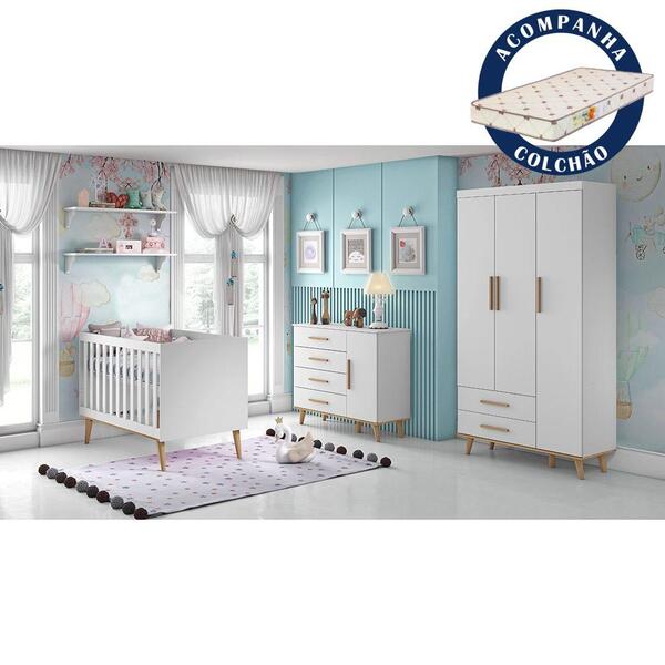 Quarto De Bebê Retrô Guarda Roupa 3 Portas Cômoda Berço 3 Em