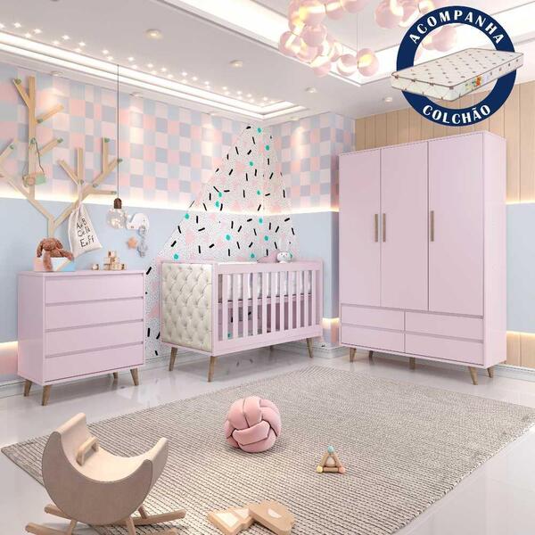 Quarto De Bebê Retrô Guarda Roupa 3 Portas Cômoda Berço Com C