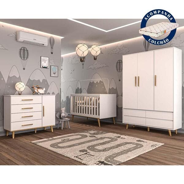 Quarto De Bebê Retrô Guarda Roupa Lorena Cômoda Com Fraldário Berço 3 ...