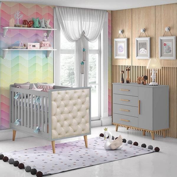 Quarto De Bebê Retrô Ludmila Berço C/ Capitonê Lorena Cômoda Infantil ...
