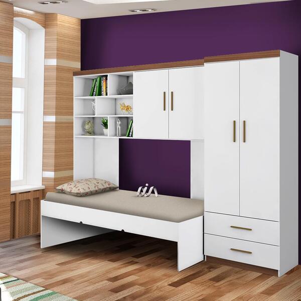 Quarto De Solteiro Completo Com Cama Branco Amadeirado Catari