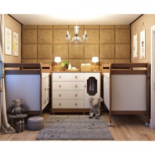 Quarto Gêmeos 2 Berços Maria E 1 Cômoda 1 Porta 4 Gavetas Noa