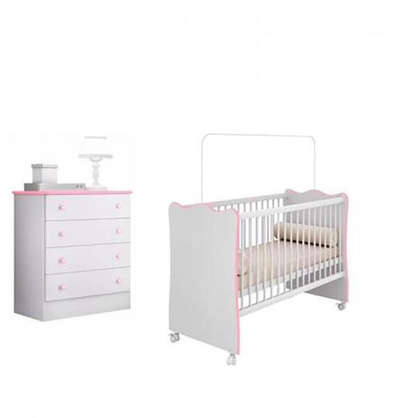 Quarto Infantil Berço E Cômoda Certificado Inmetro Rosa - Qmo