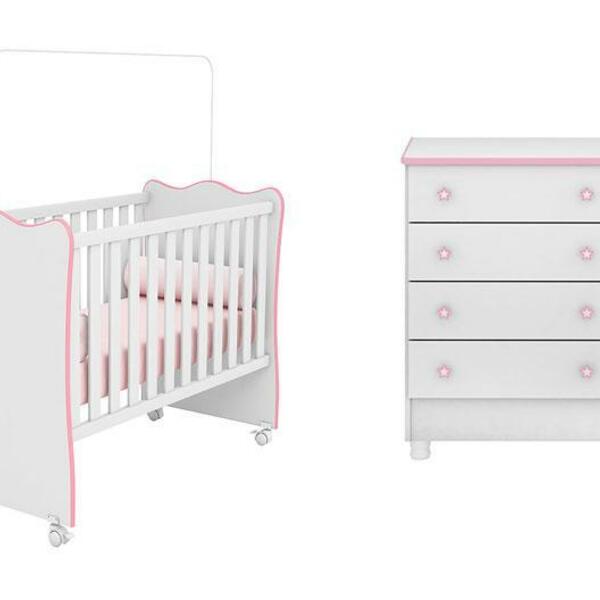 Quarto Infantil Berço E Cômoda Certificado Inmetro Rosa - Qmo