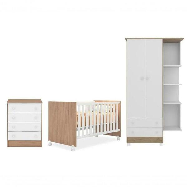 Quarto Infantil Berço Mini Cama Americano Branco / Carvalho