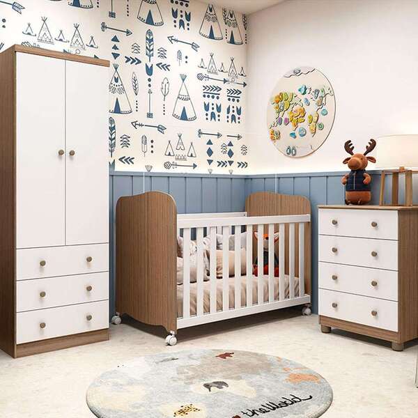 Quarto Infantil Com Colchão Maia 2 Pt 7 Gv Branco E Carvalho