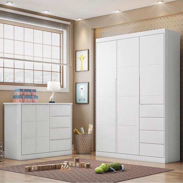 Quarto Infantil Com Guarda Roupa E Cômoda Eloá Branco Phoenix