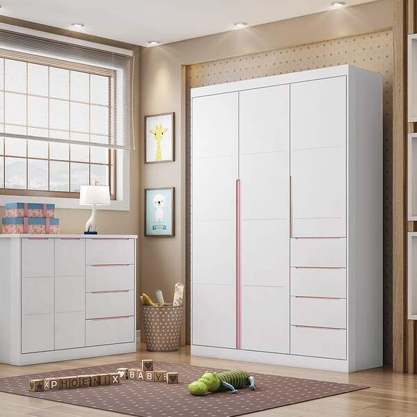 Quarto Infantil Com Guarda Roupa E Cômoda Eloá Branco Rosê Ph