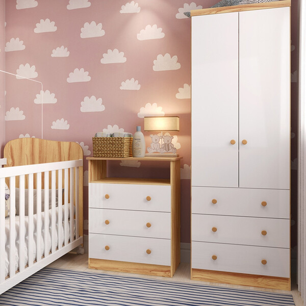 Quarto Infantil Com Guarda Roupas 2 Portas 3 Gavetas E Cômoda