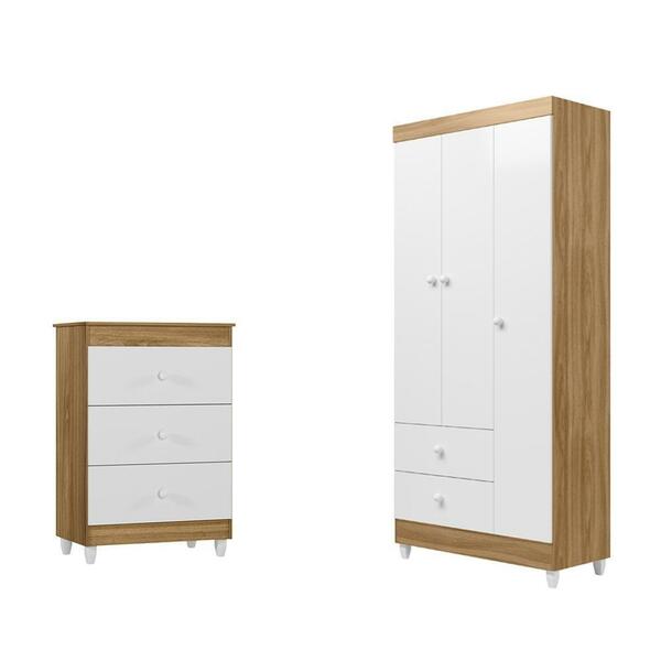 Quarto Infantil Cômoda 3 Gavetas, Roupeiro Nature/branco