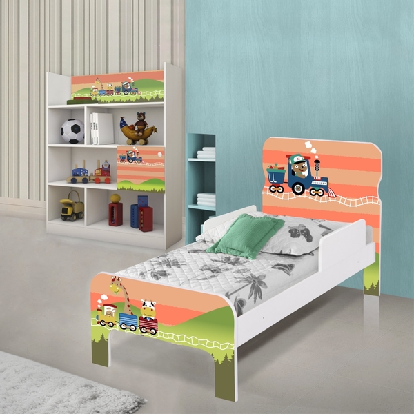 Quarto Infantil Completo com Estante e Cama Trenzinho