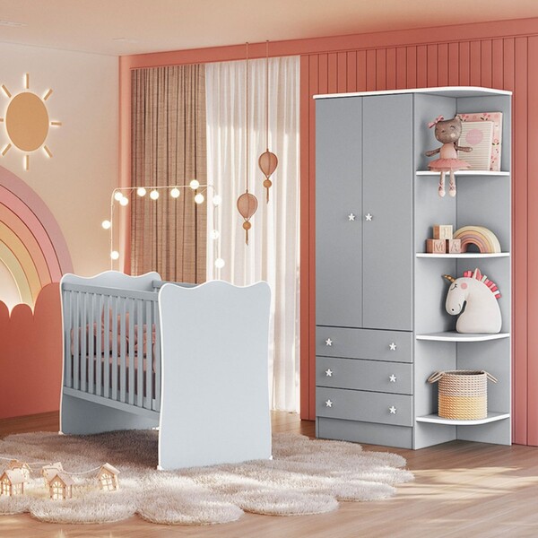 Quarto Infantil Completo Estrela 2 Portas 3 Gavetas Cinza - P