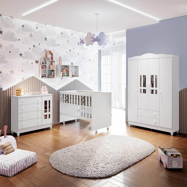 Quarto Infantil Completo Guarda Roupa 4 Portas Cômoda Com Por