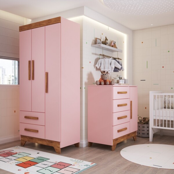 Quarto Infantil Completo Kids 4 Portas 6 Gavetas Rosa/nature