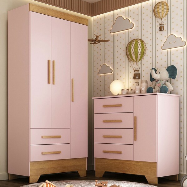 Quarto Infantil Completo Soninho 4 Portas 6 Gavetas Rosa/cina