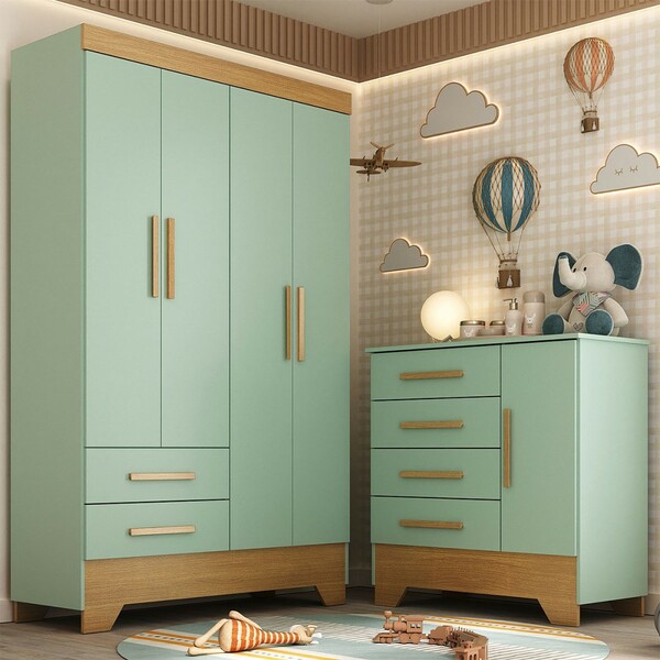 Quarto Infantil Completo Soninho 5 Portas 6 Gavetas Verde/cin