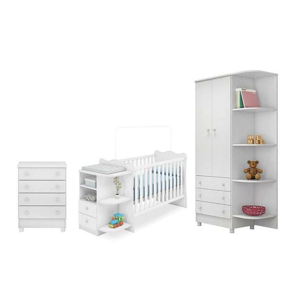 Quarto Infantil Doce Sonho Com Berço Cômoda Branco - Qmovi