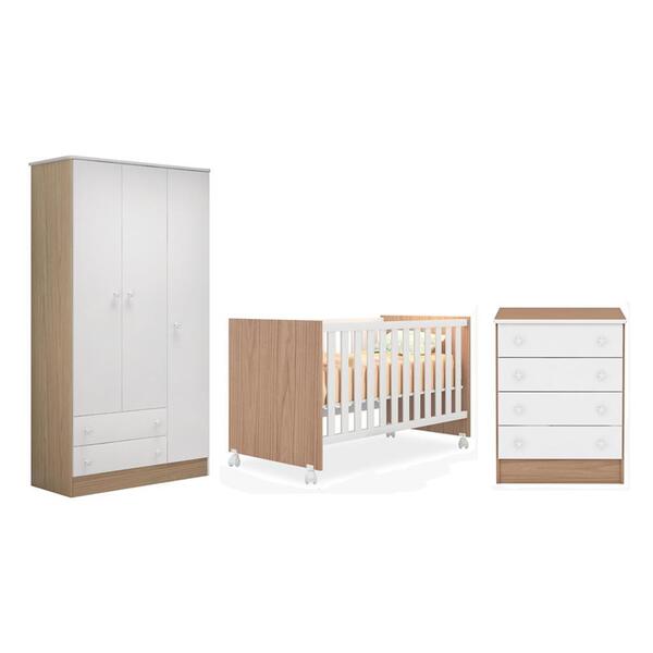 Quarto Infantil Guarda Roupa 3 Portas, Berço E Cômoda 4 Gavet
