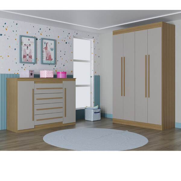 Quarto Infantil Guarda Roupa 4 Portas E Cômoda 4 Gavetas 2 Po