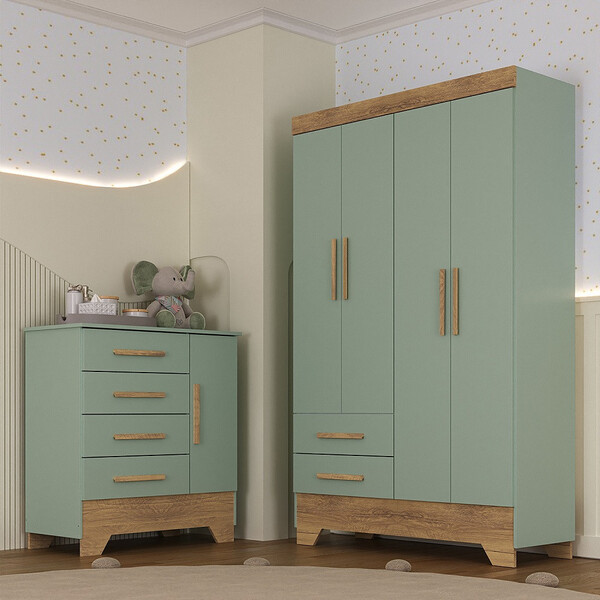 Quarto Infantil Guarda Roupa 4 Portas E Cômoda Catavento Rodi