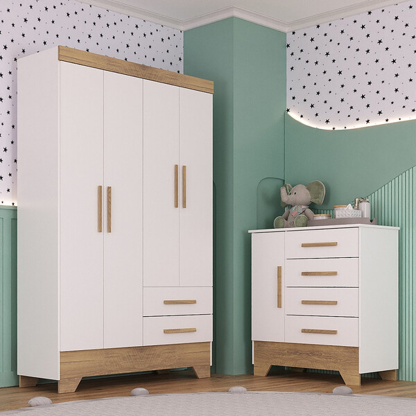 Quarto Infantil Guarda Roupa 4 Portas E Cômoda Catavento Rodi