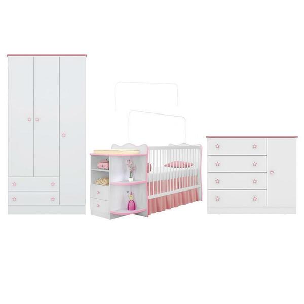 Quarto Infantil Guarda Roupa Berço E Cômoda Branco/rosa