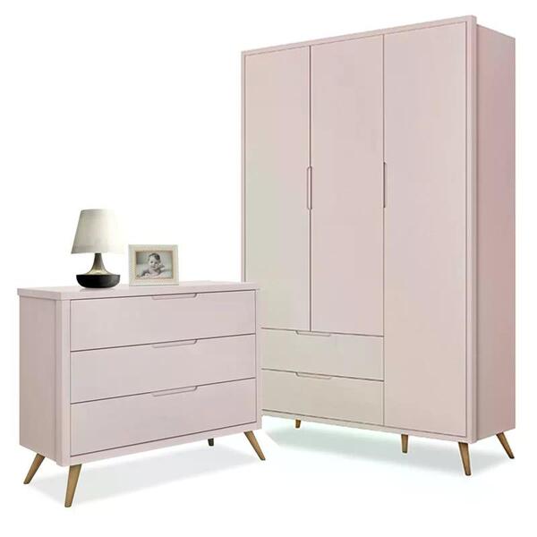 Quarto Infantil Old Clean Com Guarda Roupa 3p E Cômoda Com 3