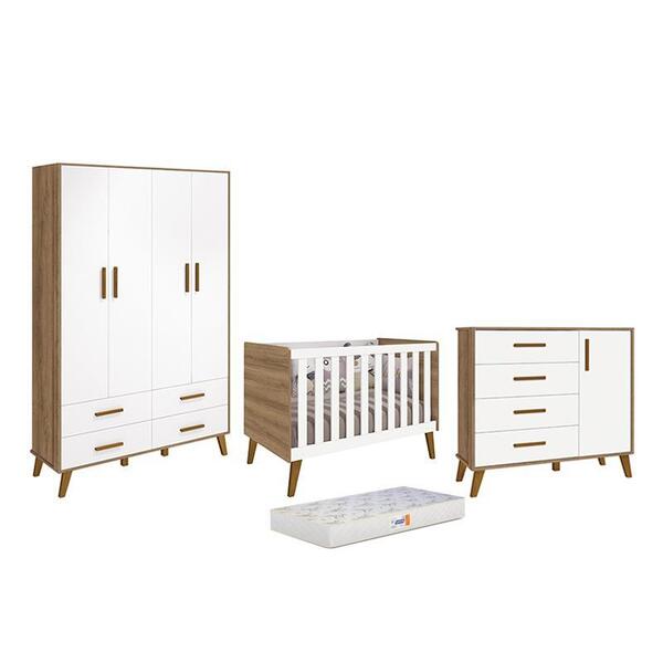 Quarto Infantil Retrô Ayla Com Guarda Roupa, Berço, Cômoda E