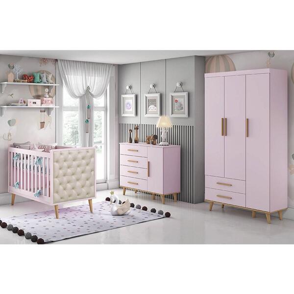 Quarto Infantil Retrô Guarda Roupa 3 Portas Ludmila Cômoda Co