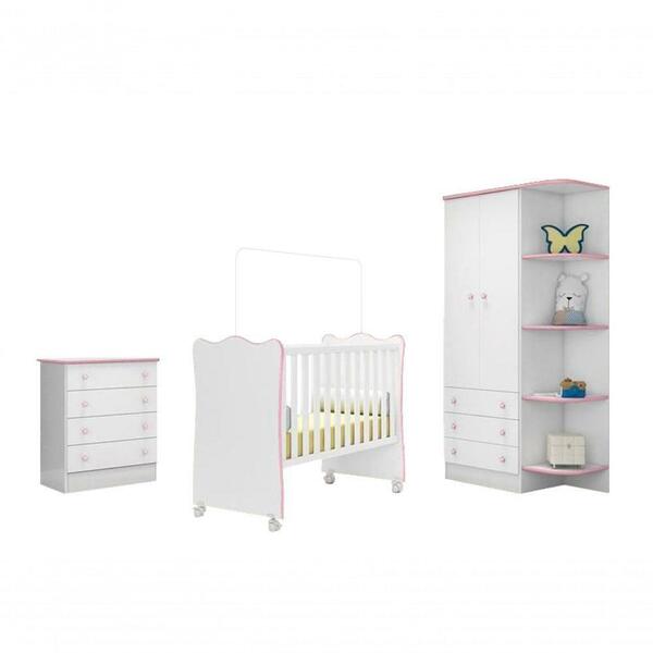 Quarto Infantil Roupeiro, Berço Cômoda Branco Rosa