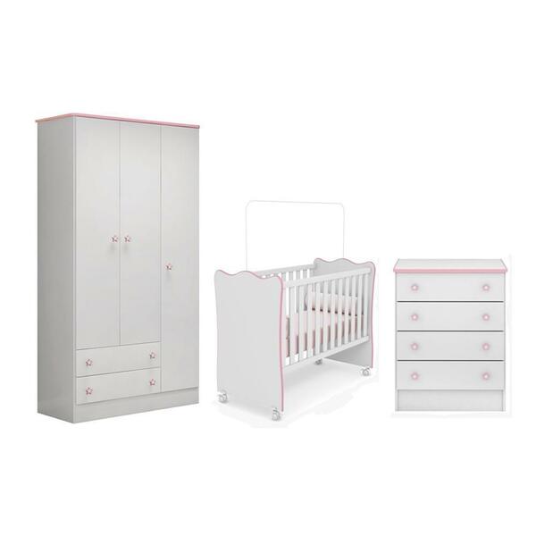 Quarto Infantil Roupeiro, Berço Cômoda Branco/rosa