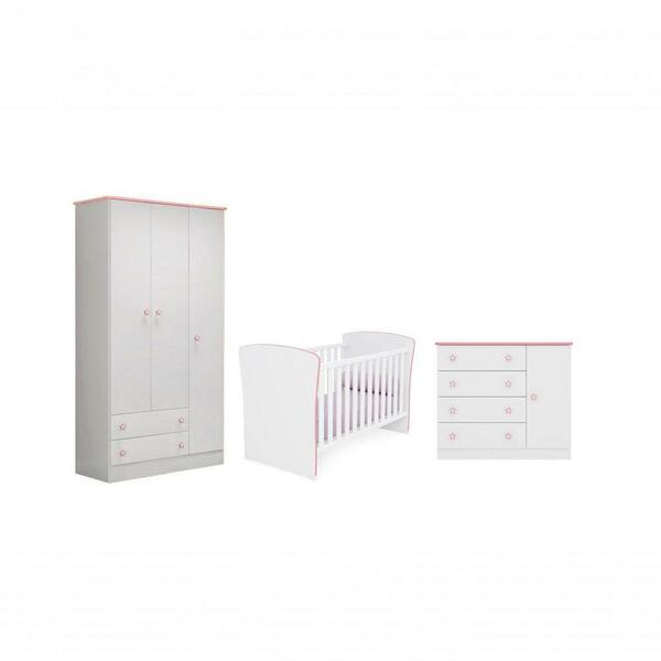 Quarto Infantil Roupeiro, Berço Cômoda Branco Rosa