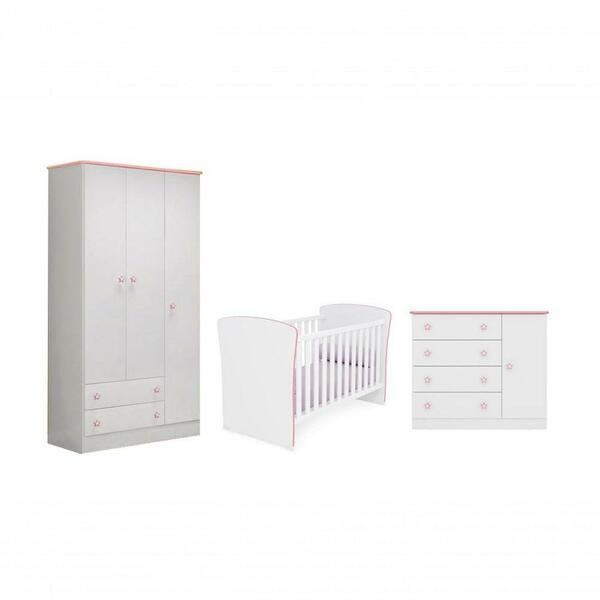 Quarto Infantil Roupeiro, Berço Cômoda Sapateira Branco Rosa