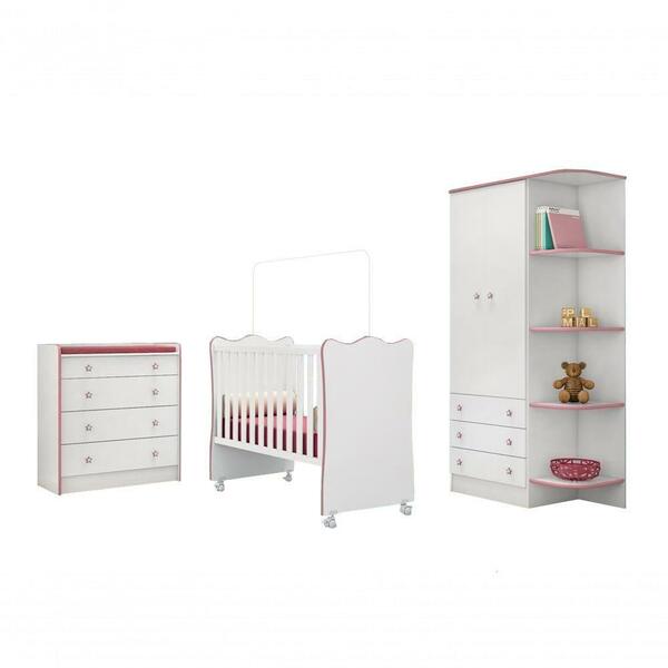 Quarto Infantil Roupeiro, Berço Cômoda Trocador Branco Rosa