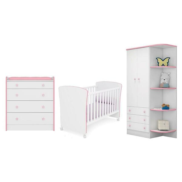 Quarto Infantil Roupeiro, Cômoda Trocador Berço Branco/rosa