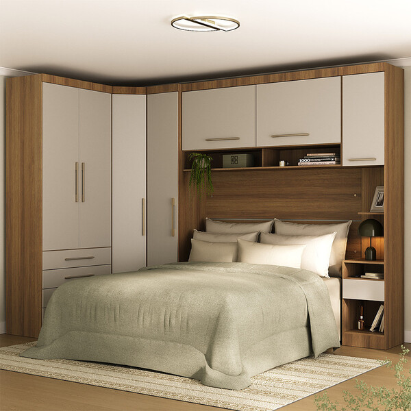 Quarto Modulado Casal De Canto Com Guarda-roupas Maleiro E Cabeceira ...