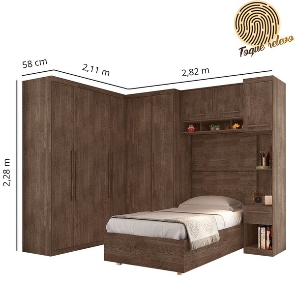 Quarto Modulado Gold F108 Solteiro com Cama Super Box - Choco