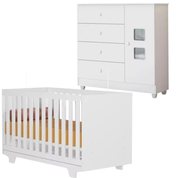 Quarto Montado Cômoda + Berço Multifuncional Branco Top Branco