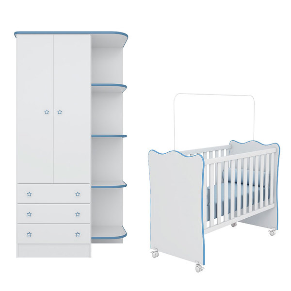 Quarto Para Bebê Guarda Roupa E Berço Doce Sonho Branco E Azu